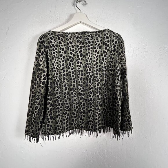 Carol Anderson Womens Leopard Print Bot Neck Fringe Hem Top Medium Green/Black - Picture 2 of 9